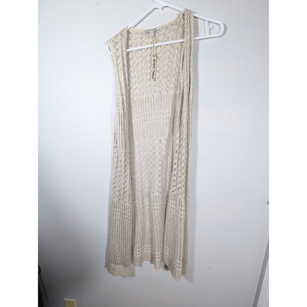 Moral Fiber Duster Cardigan Women's Large Creme Crochet  Knit Sleeveless New